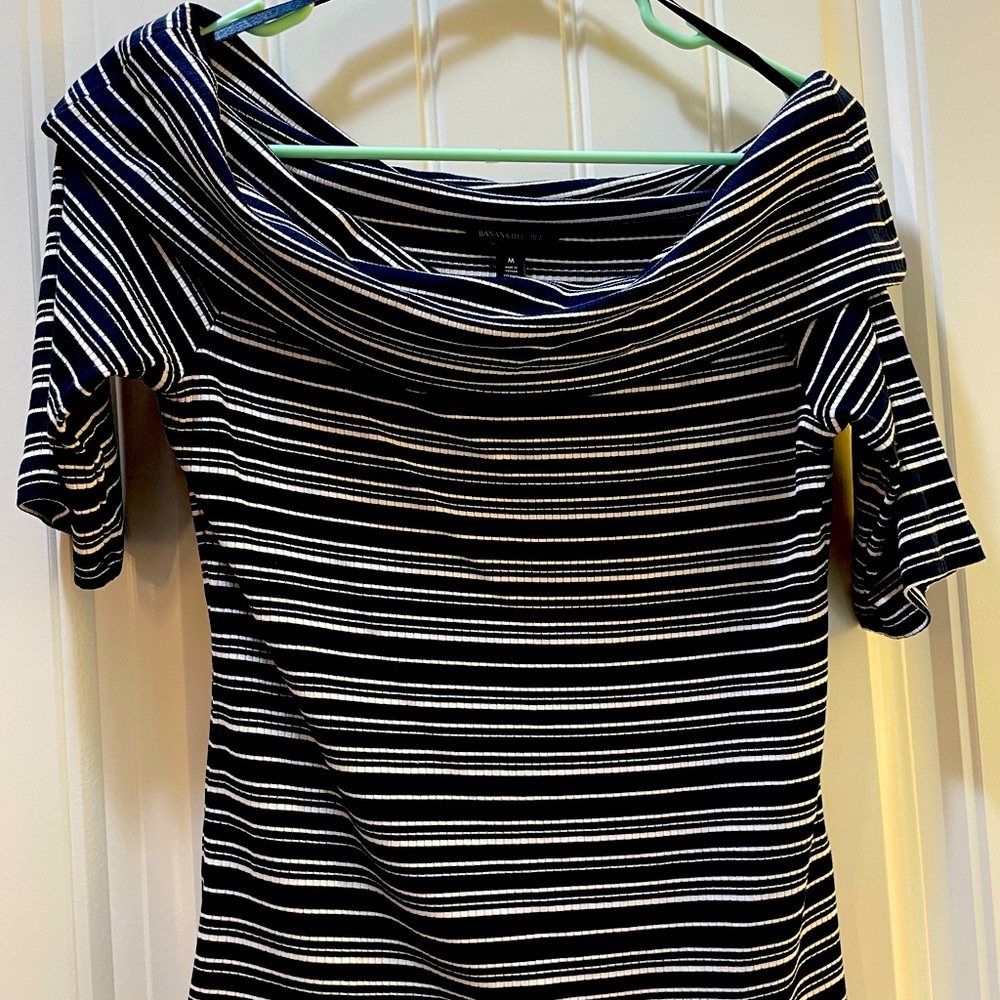 off shoulder t-shirt. Blue/white stripe. Great for nautical theme outfit